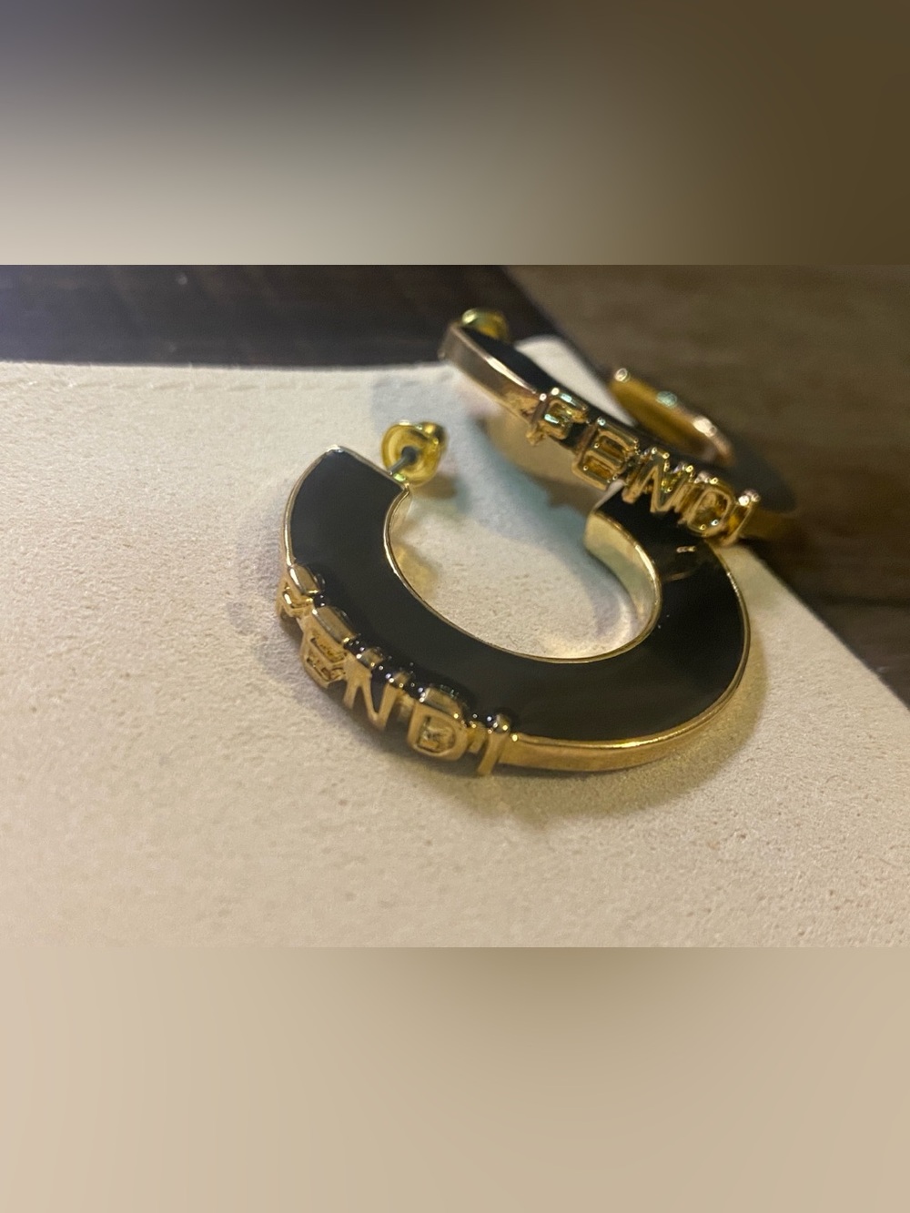 Retro Fendi Black Hoop Earrings with Gold-Tone Trim and Letters